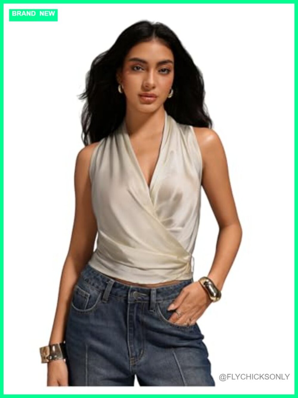 Satin Wrap Ruched Tie Side V Neck Sleeveless Tank Blouse